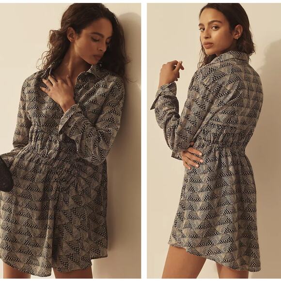 ANTHROPOLOGIE Linen Long Sleeve Collared Mini Dress Black White Sz L {Z36} - Picture 1 of 6